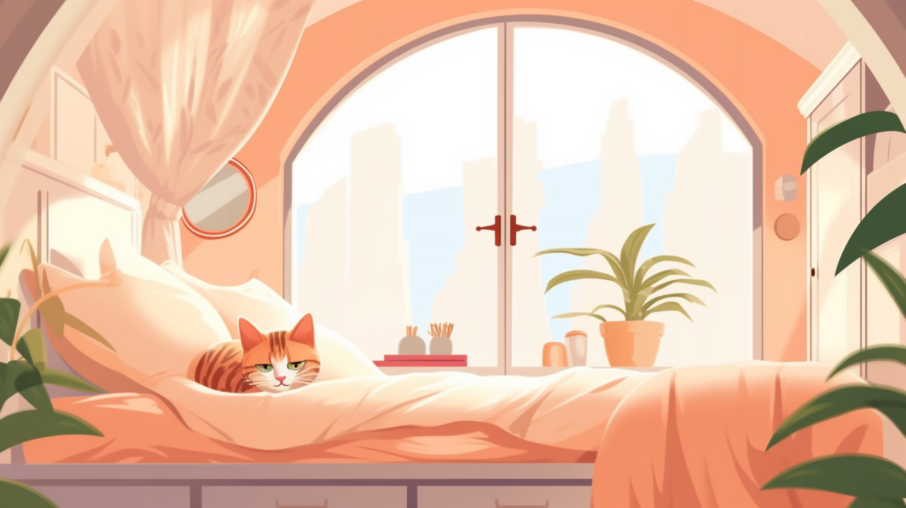 A very relaxed cat sleeping on a bed