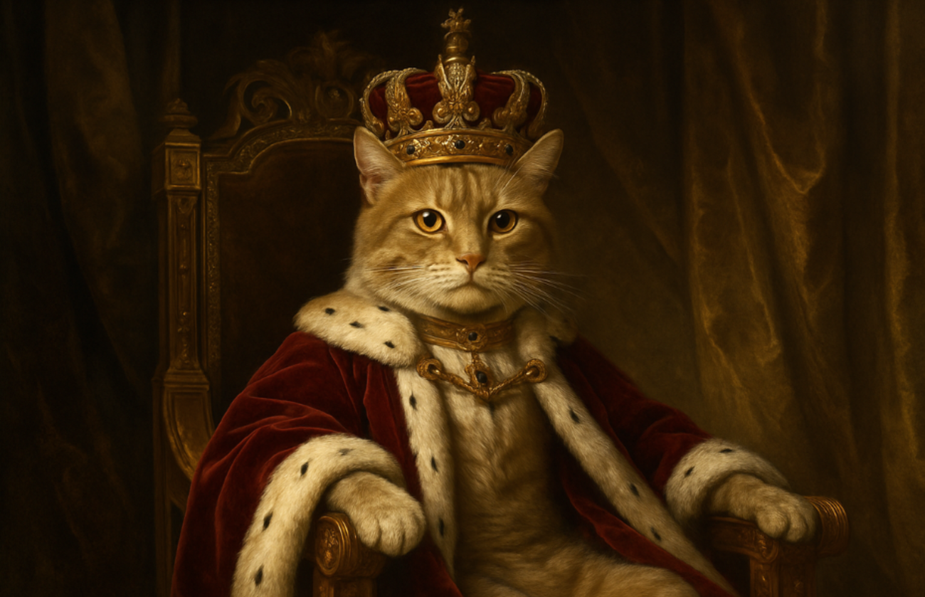Een majestueuze oranje tabbykat gekleed in koninklijke gewaden en een met juwelen versierde kroon, zittend op een troon als een echte katachtige koning