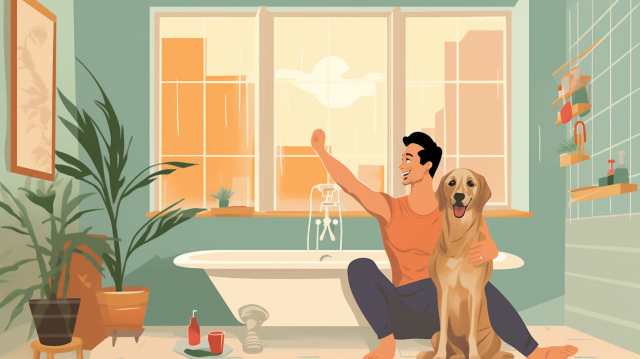 A dog owner bathing and grooming their dog