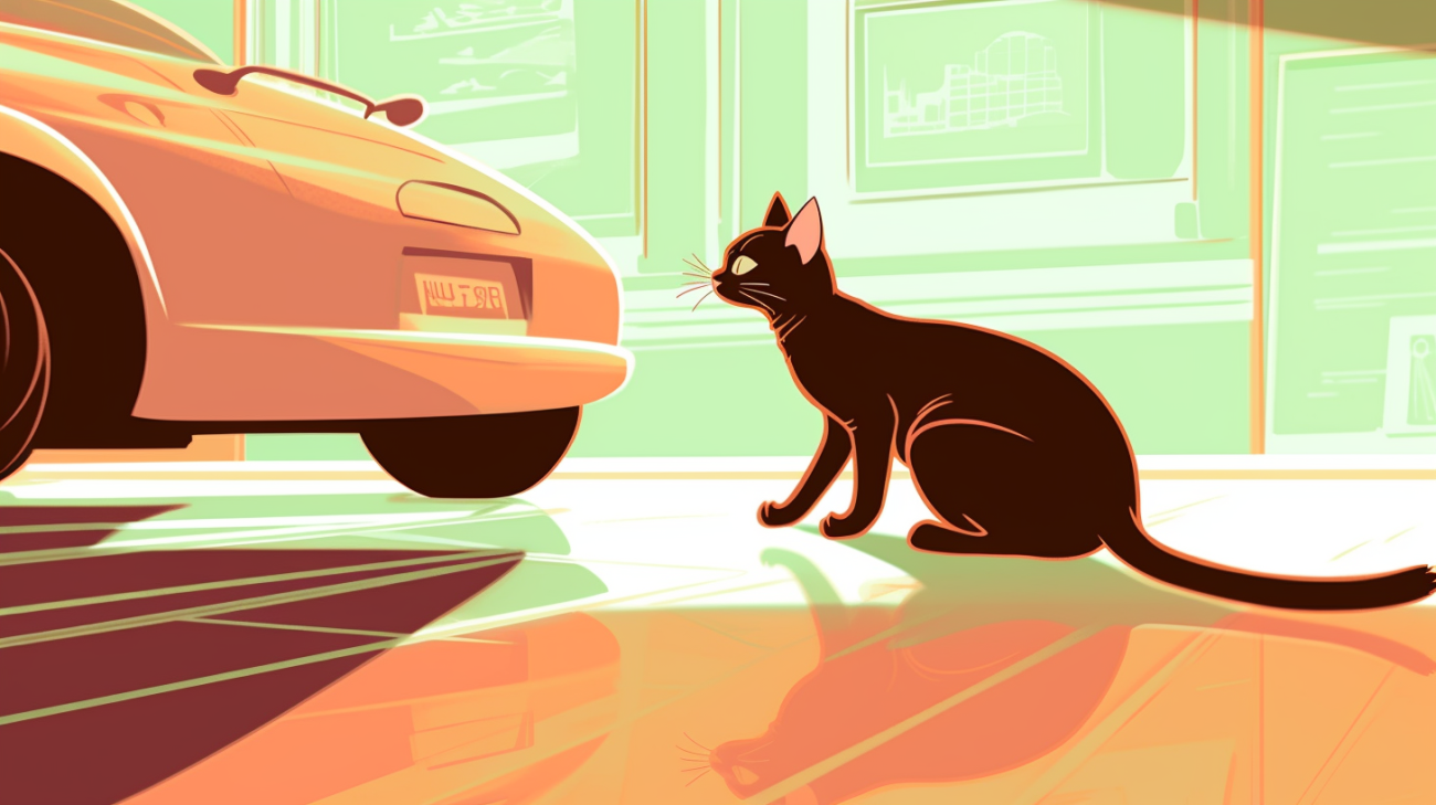 Black cat hiding next to an orange car
