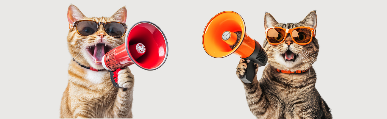 Two stylish cats wearing sunglasses and holding megaphones, humorously 'yelling' to symbolize vocal cats and meowing