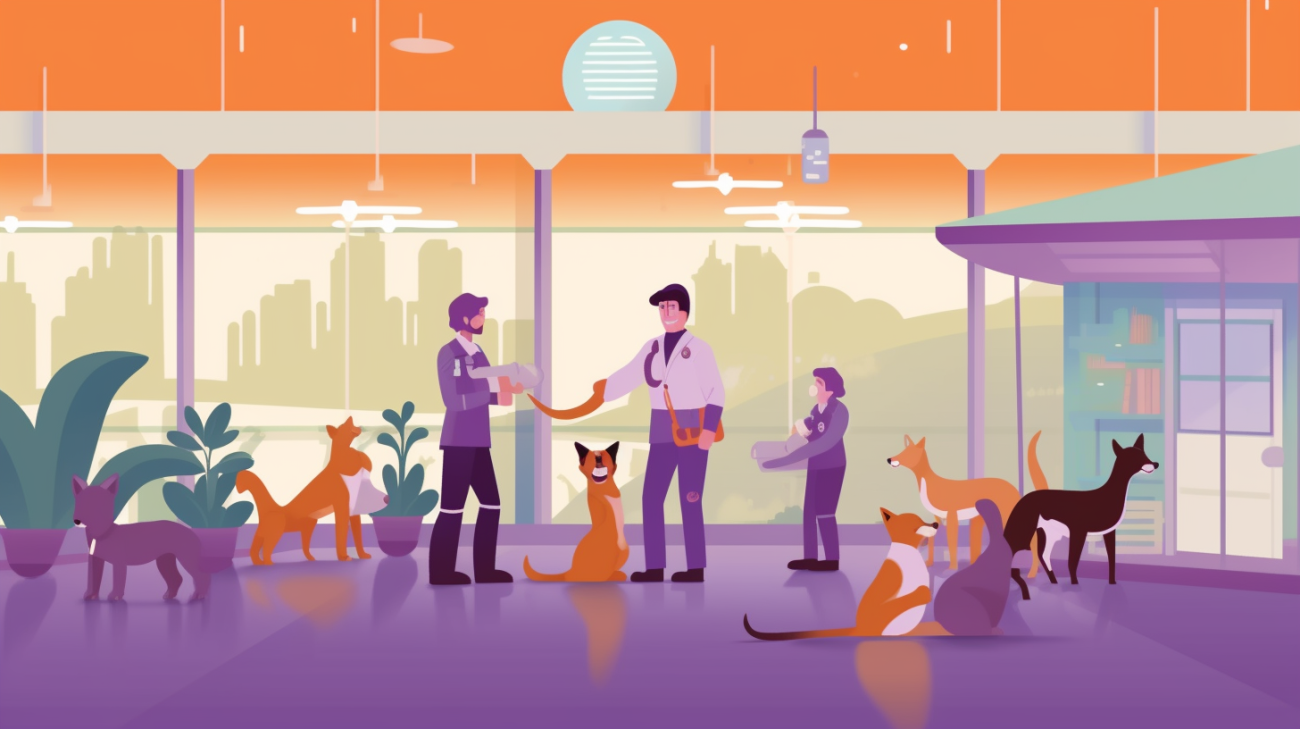 alAnimal shelter workers surrounded by pets that have been foundt_text
