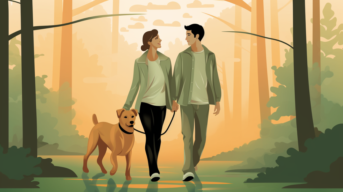 森を通って犬を散歩しているカップル