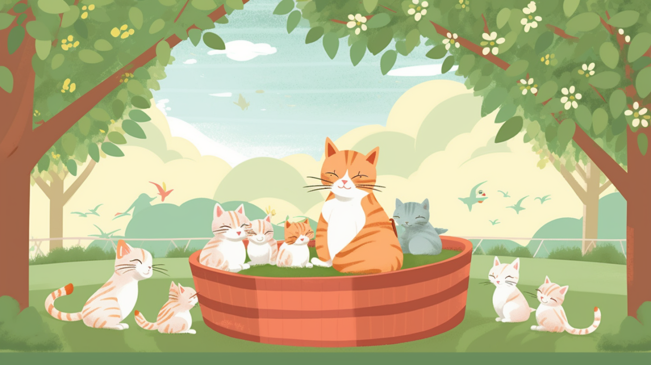 Mother cat with her kittens outside