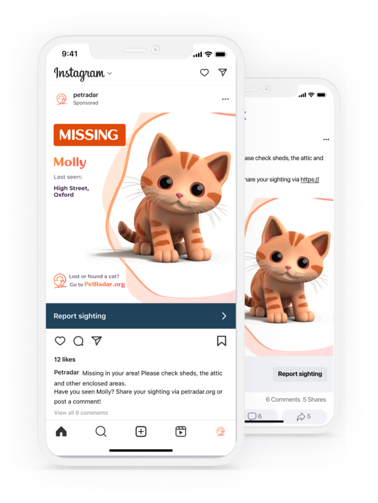 PetRadar's sponsored posts on social media to help find missing pets