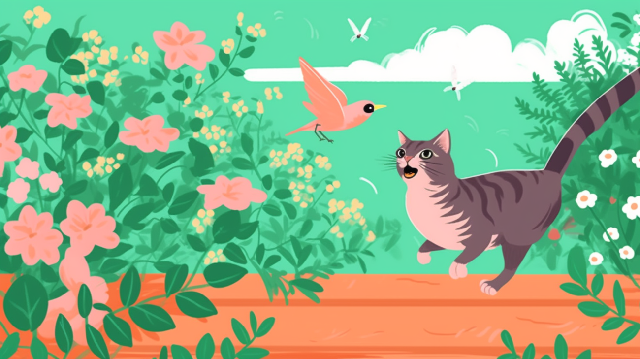 Katze jagt einen Vogel im Garten