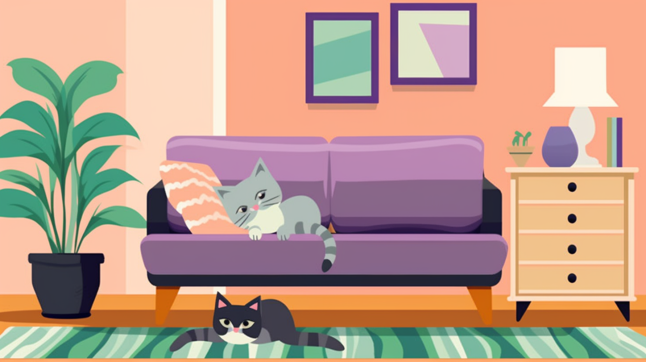 新しい猫がソファに座っている間、ソファの下に隠れる猫