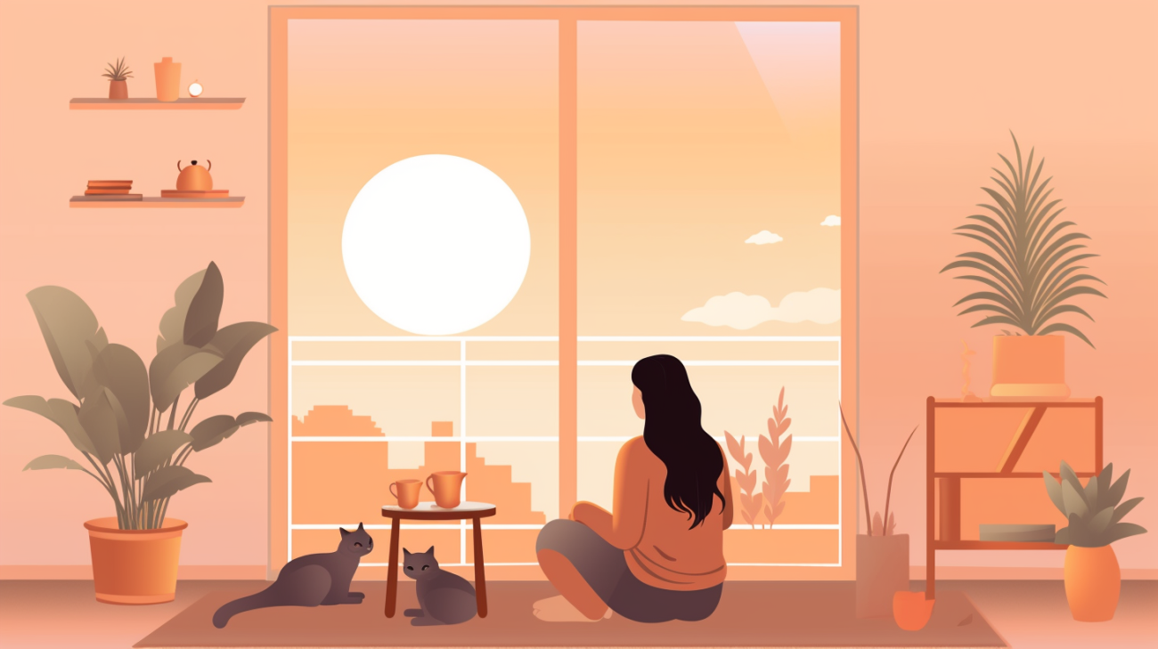 A cat owner practicing self-care by meditating while searching for their missing cat