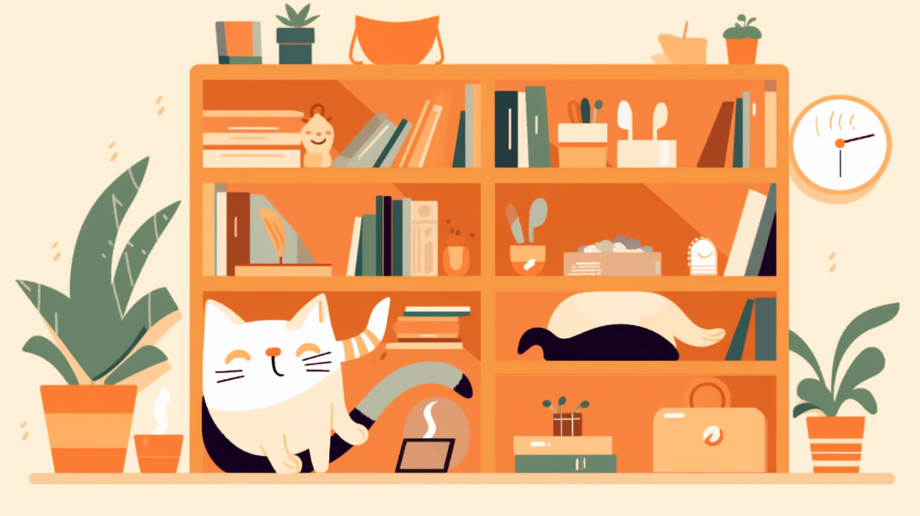Afbeelding van een kat verstopt op een minder voor de hand liggende plek, zoals achter een boekenkast