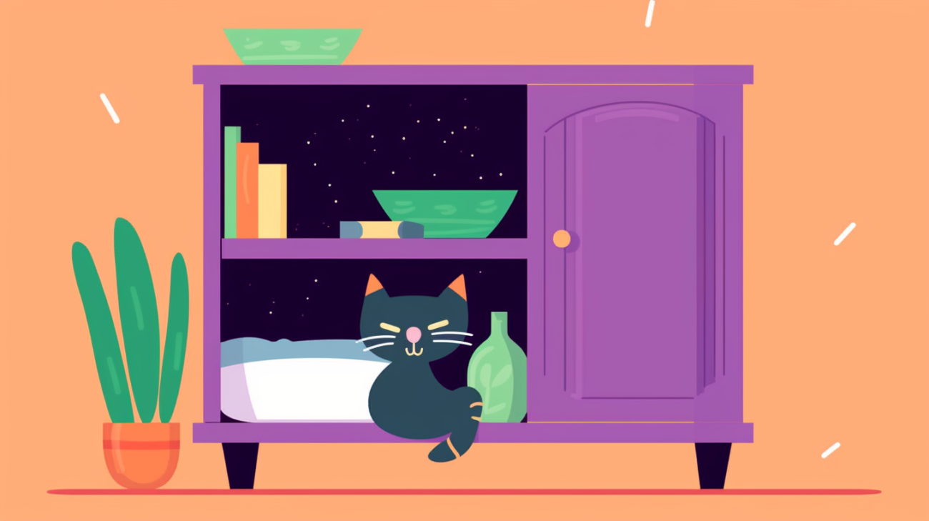 Afbeelding van een kat die zich in een kast verstopt