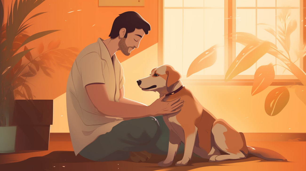 An owner who has recently been reunited with their dog sitting with them