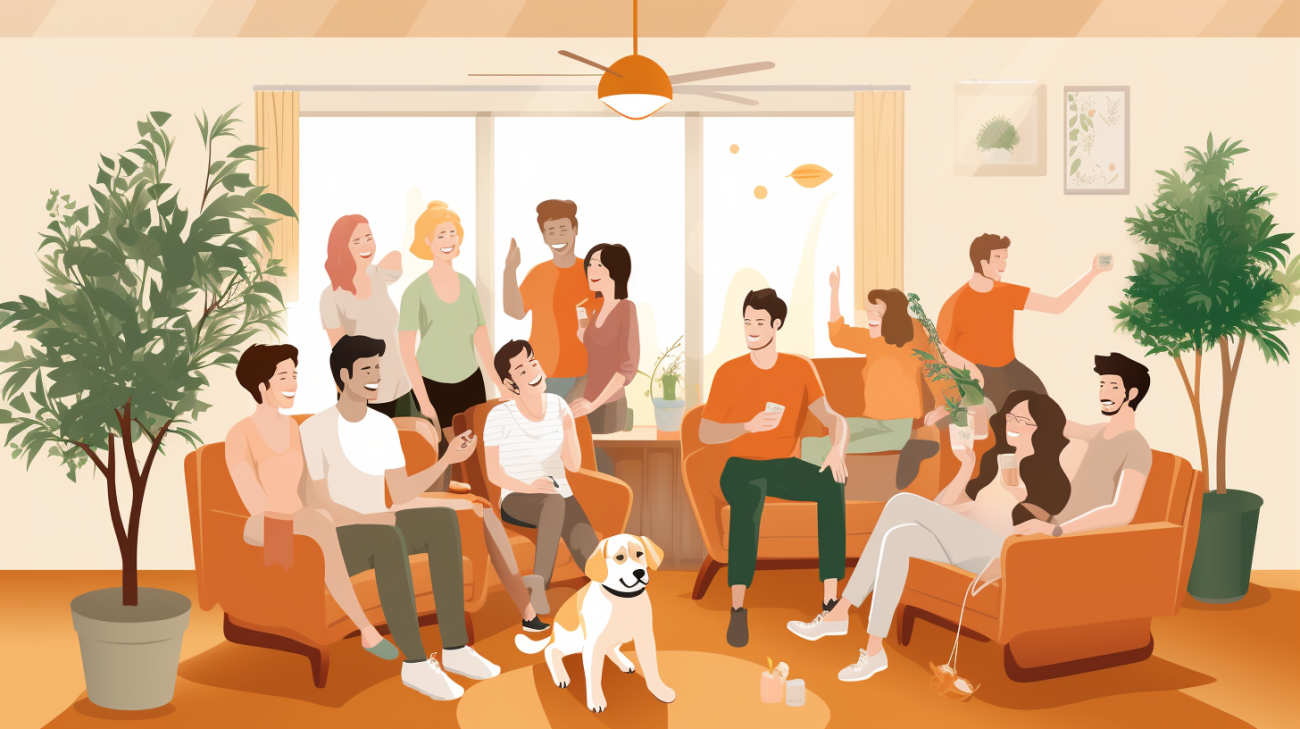 Living room full of visitors with a dog sitting amongst them