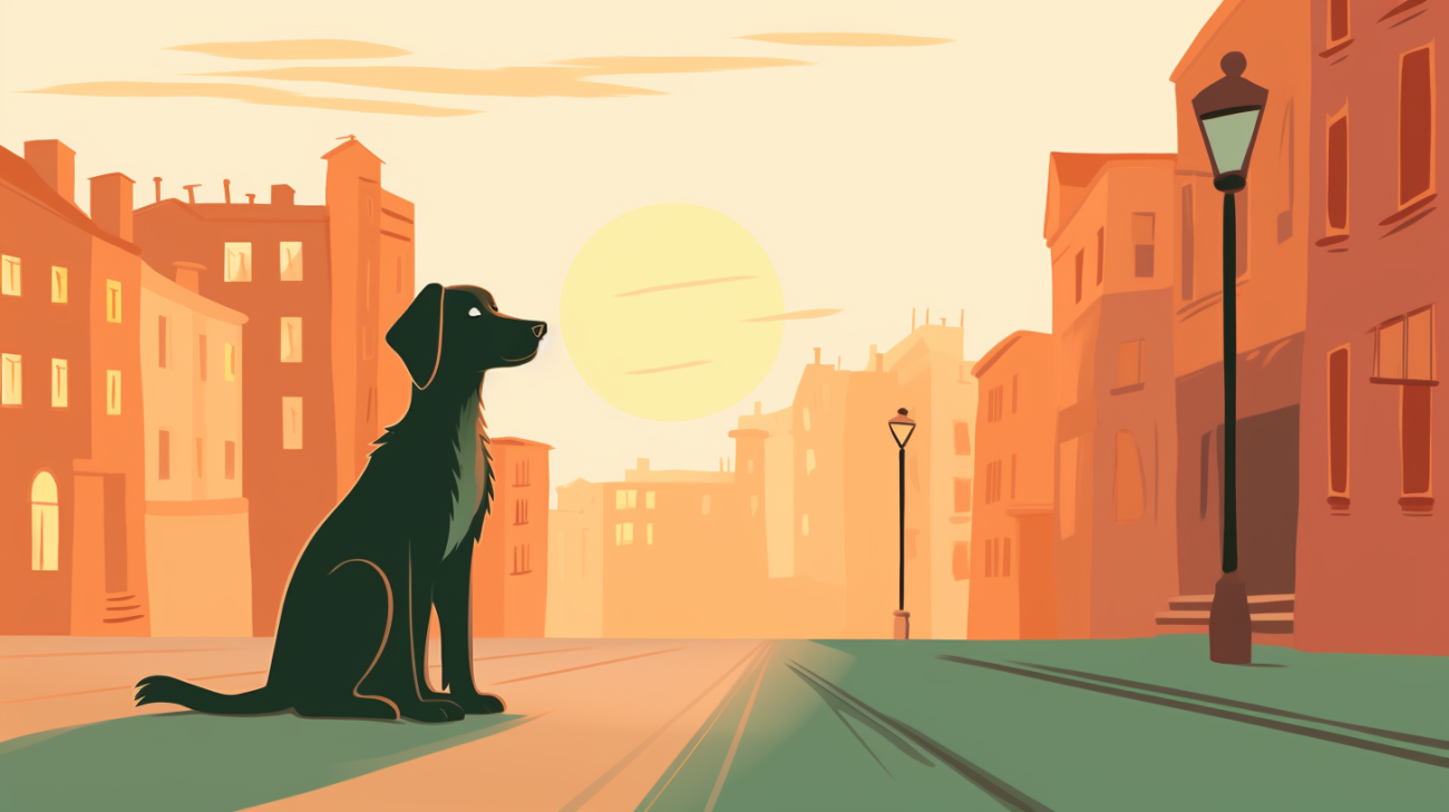 Een eenzame verloren hond op een lege straat