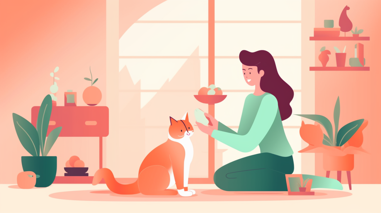 Een katteneigenaar speelt met een krolse kat om haar af te leiden