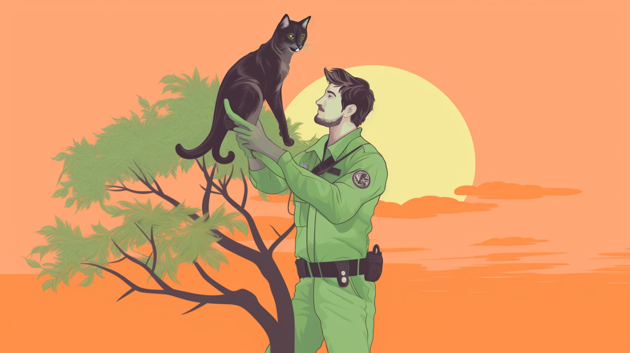 Brigada de bomberos encontrando a un gato negro perdido en una rama de árbol