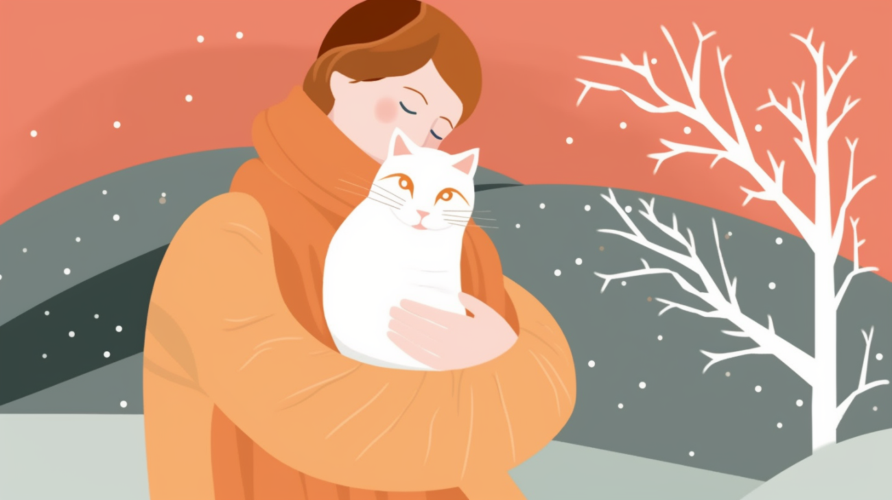 Katzenbesitzer hält seine Katze bei kaltem Wetter nah bei sich