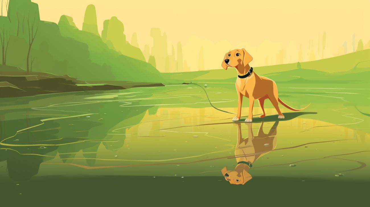 Un perro parado en un charco verde brillante en un paseo indicando toxicidad