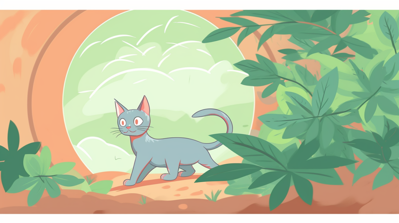 Afbeelding van een kitten dat zich verbergt in buitenbeplanting