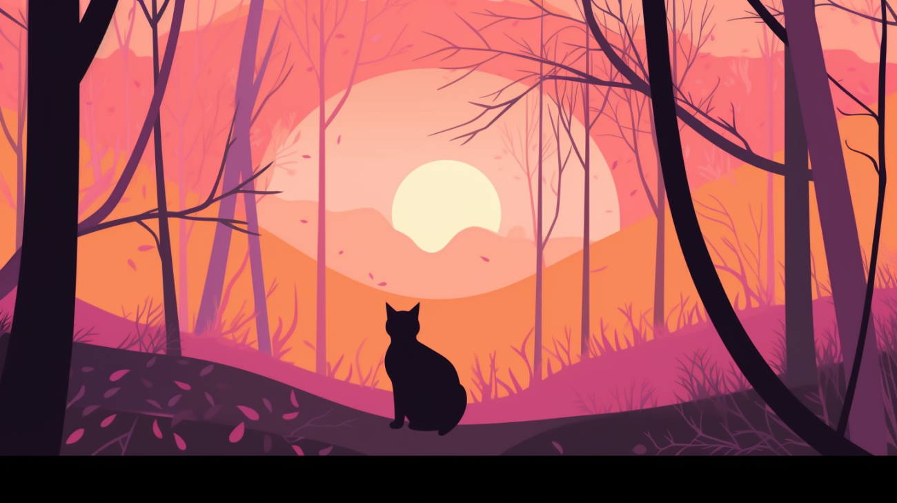 Katze versteckt sich im Wald während der Morgendämmerung