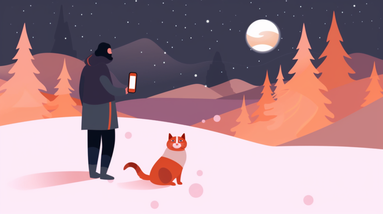 Person nutzt ein Smartphone, um bei kaltem Wetter nach ihrer Katze zu suchen