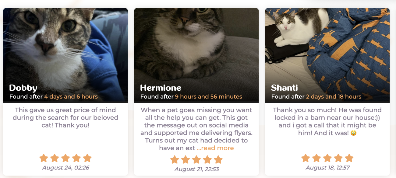 Three cats that PetRadar have helped locate, along with 5 star reviews from happy owners