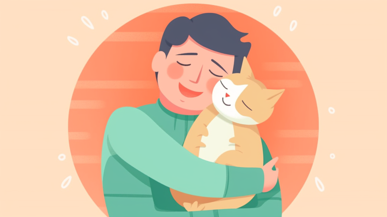 Een blije katteneigenaar die zijn teruggevonden kat knuffelt
