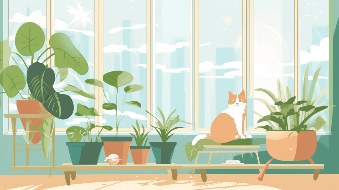Een binnenkat die bij een raam zit en een buitenkat die een tuin verkent