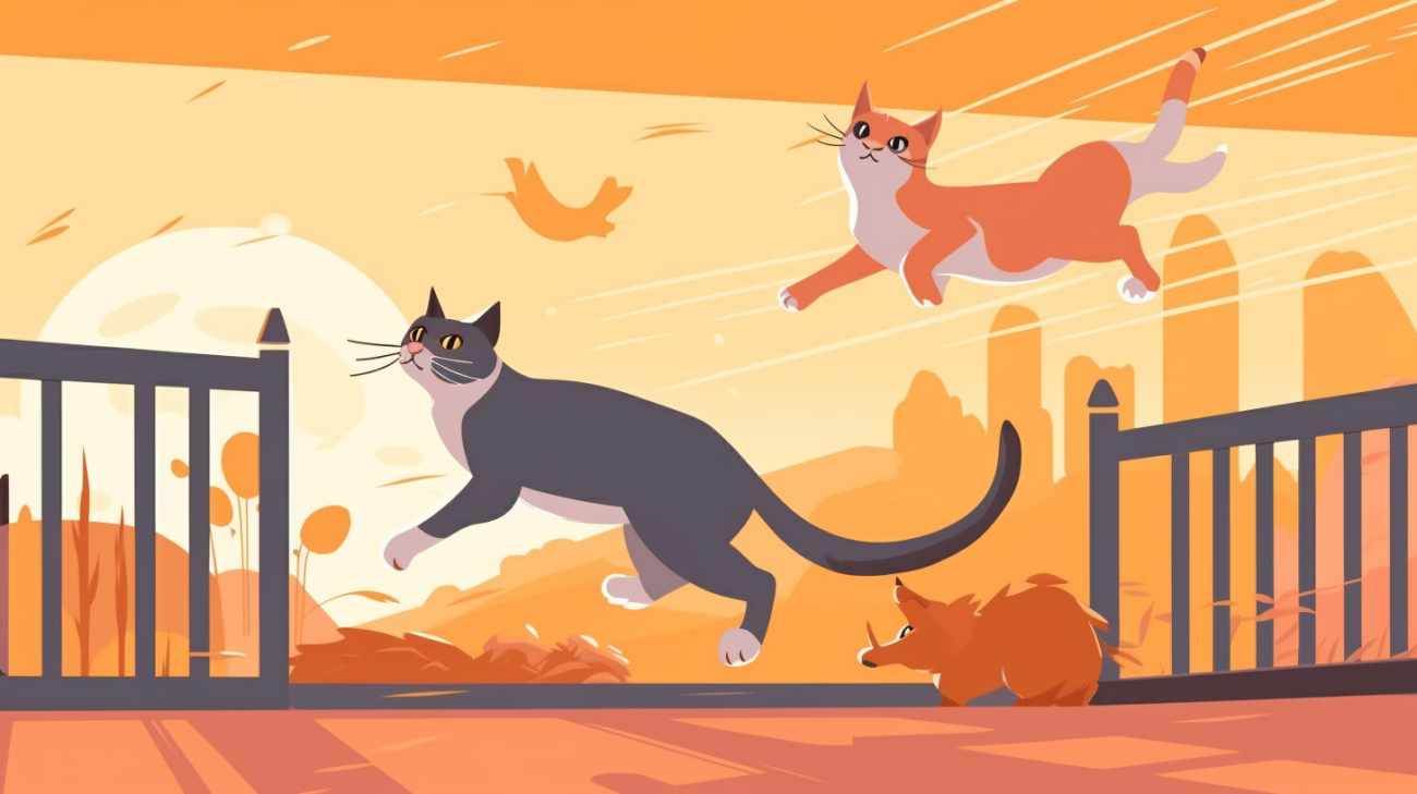 Een jonge, lenige kat springt op een hek en een oudere kat met beperkte mobiliteit