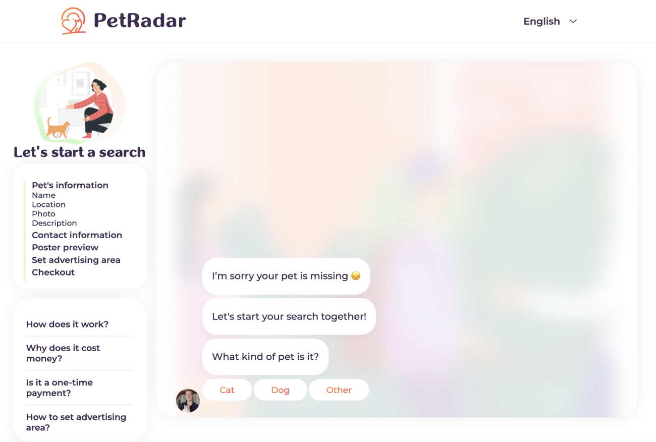 PetRadarのダッシュボードで、ポスターを取得するためのサインアップフローを示しています