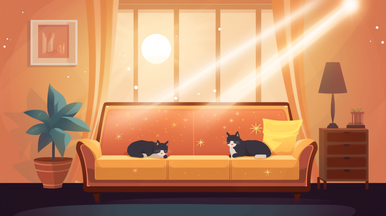 Two cats sat on a sofa in a cozy and calm environment