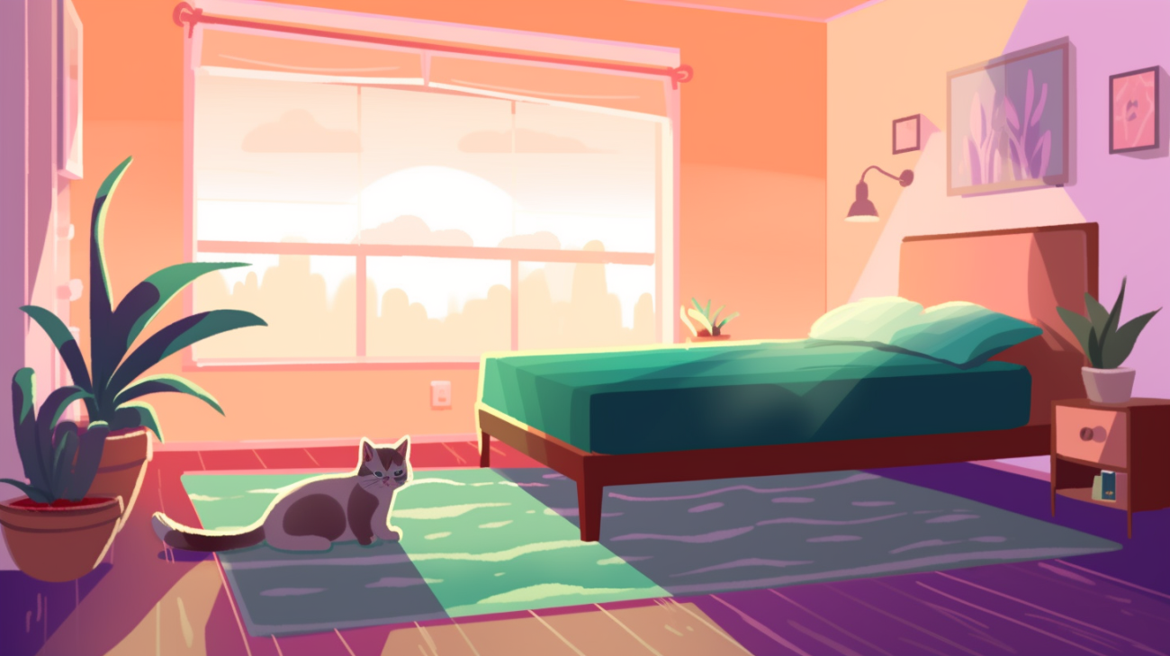 Gato de pie en un dormitorio vacío mirando una cama