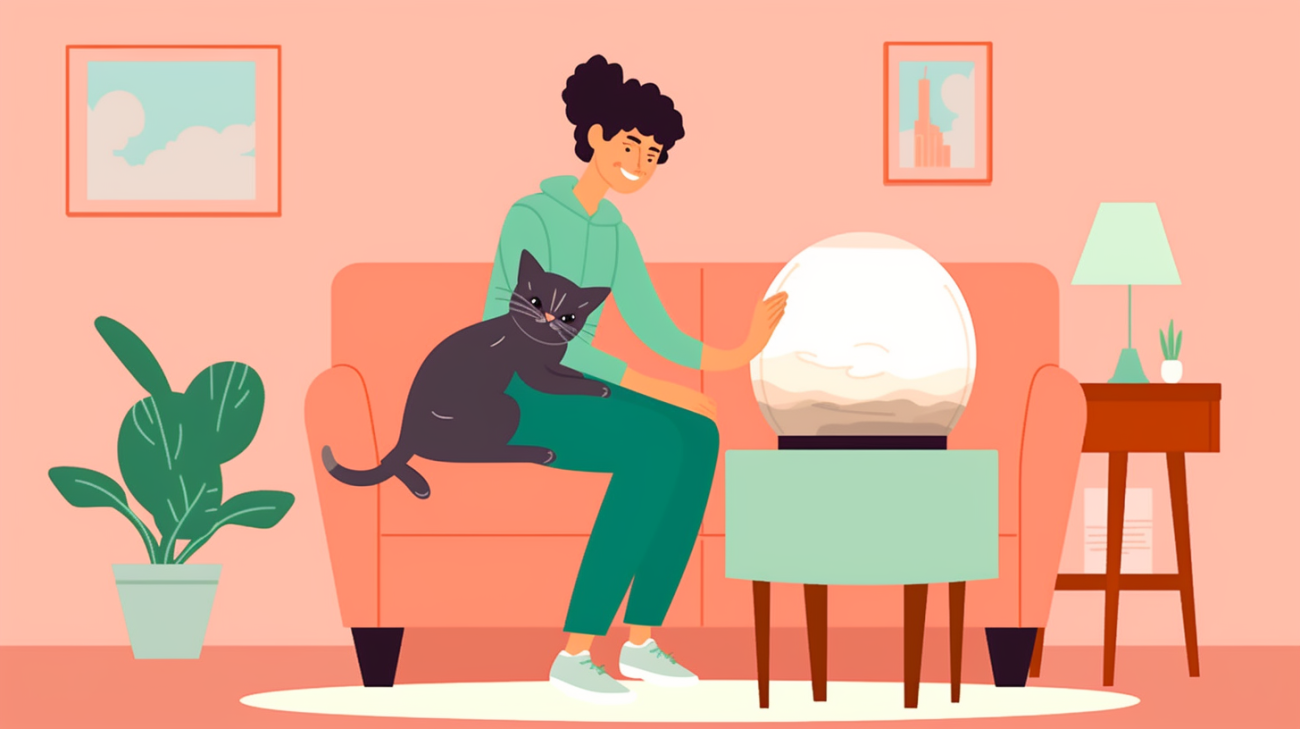 Een blije katteneigenaar die zijn voorheen bange en zich verbergende kat troost