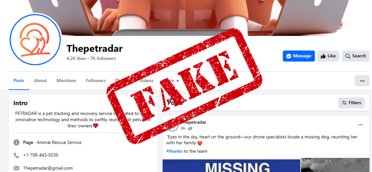 Fake page example 2 of scammers impresonating PetRadar