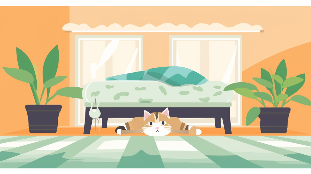a scared cat hiding under a bed