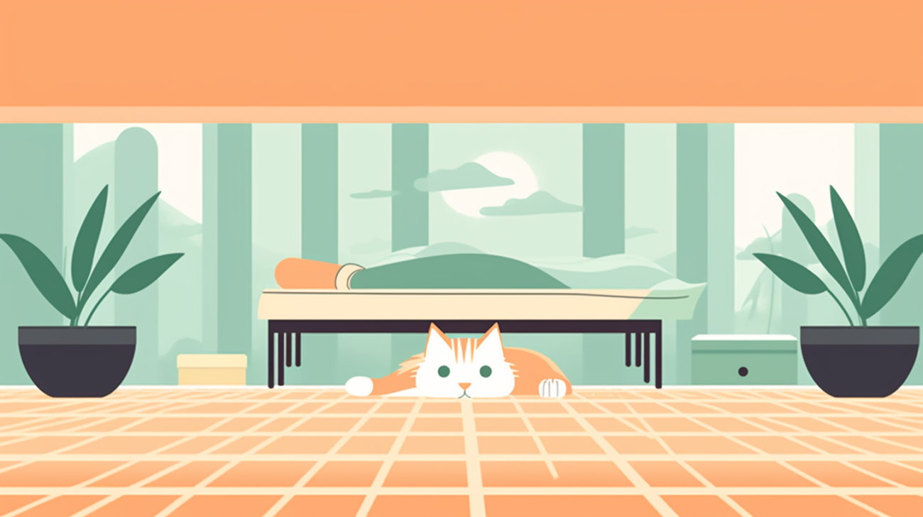 ベッドの下に隠れる室内猫