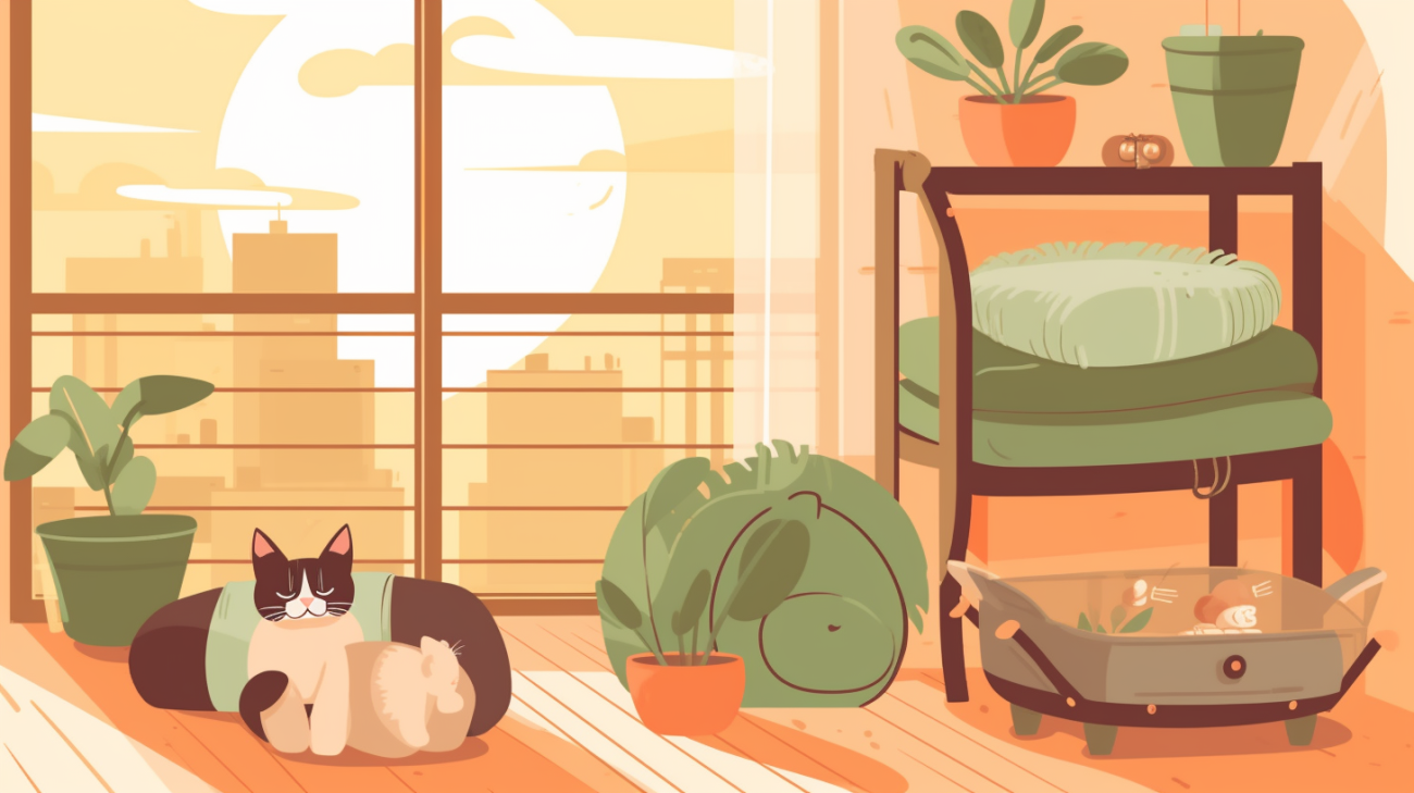 Afbeelding van het beddengoed en speeltjes van een kat buiten een huis