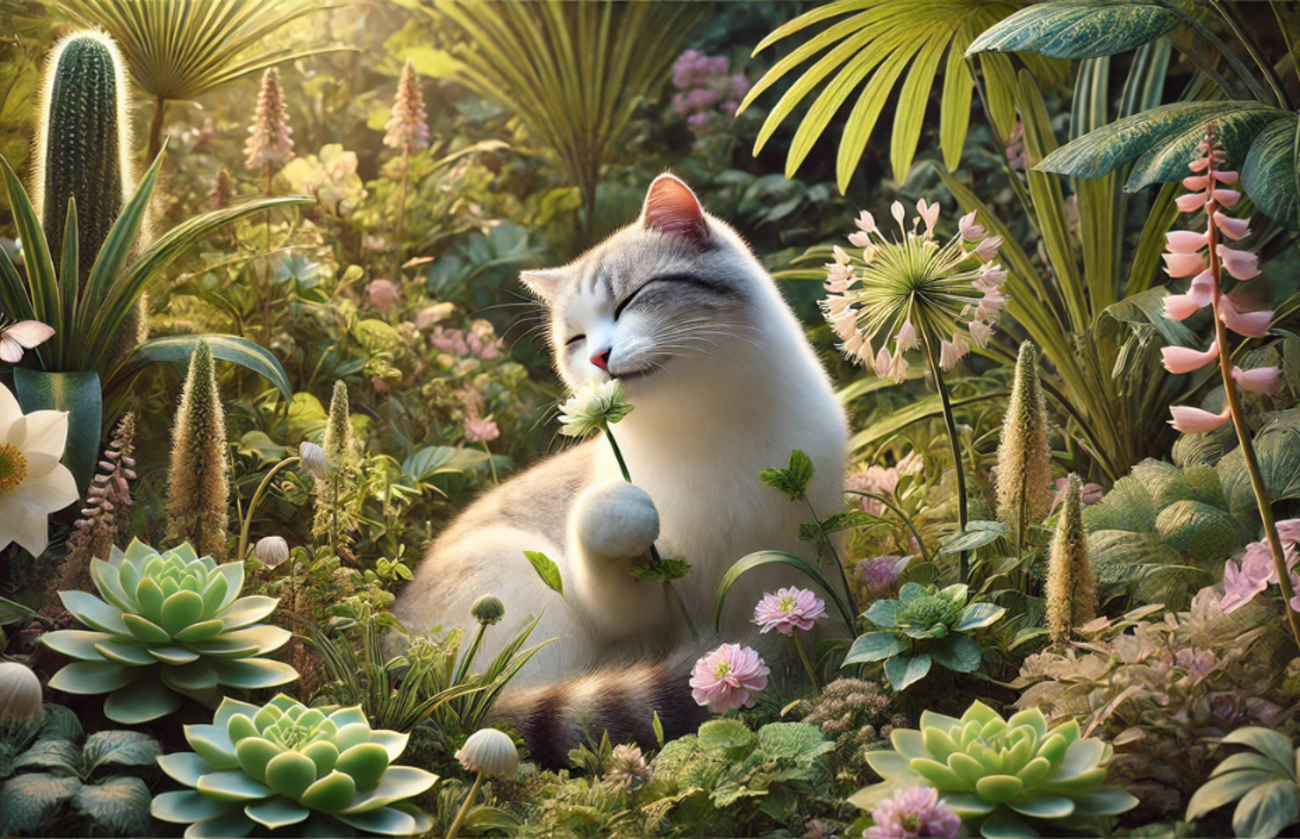 white cat surrounded by many beautiful flowers