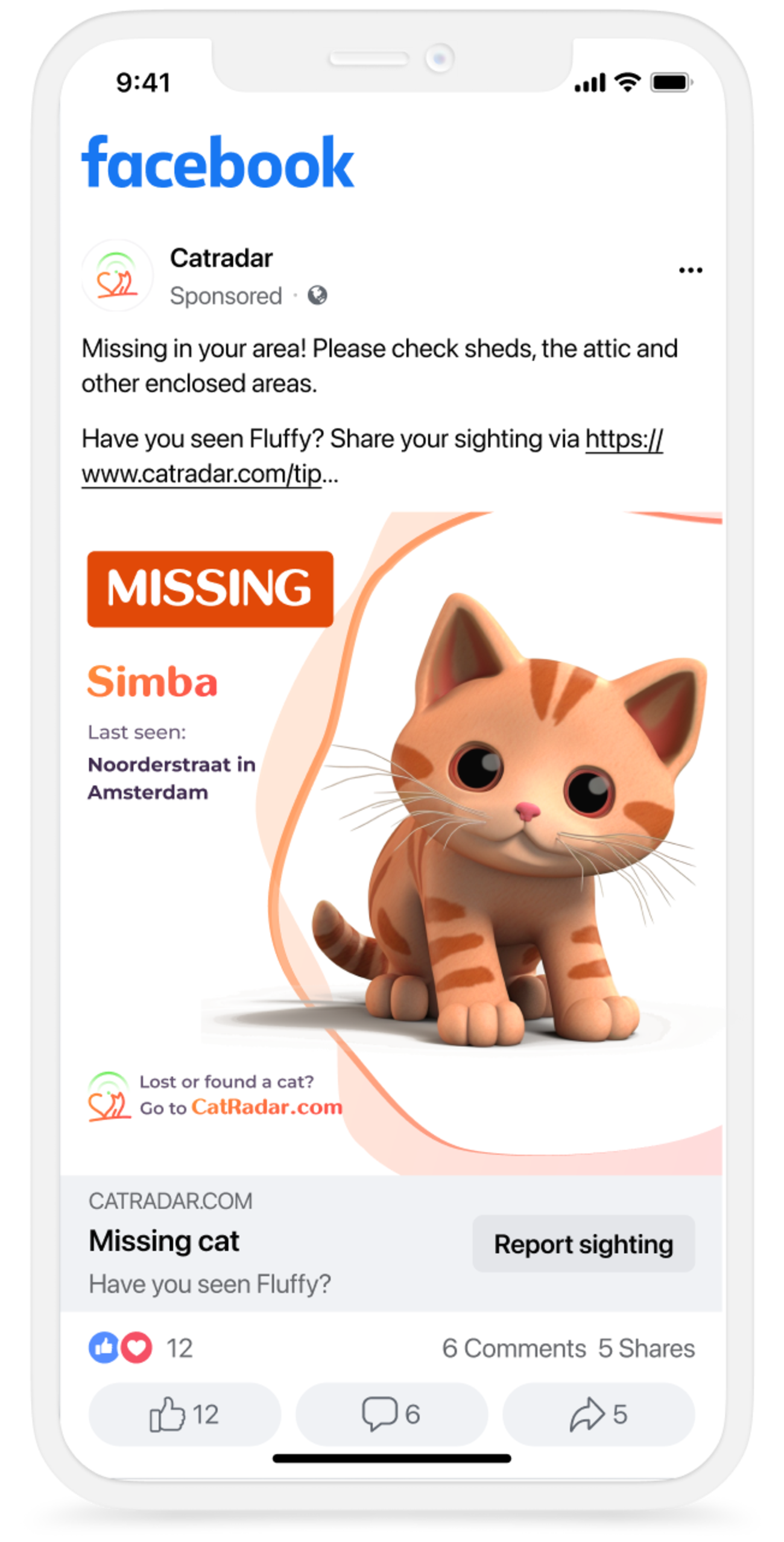 Facebook上のPetRadarのデジタル迷子猫のポスター