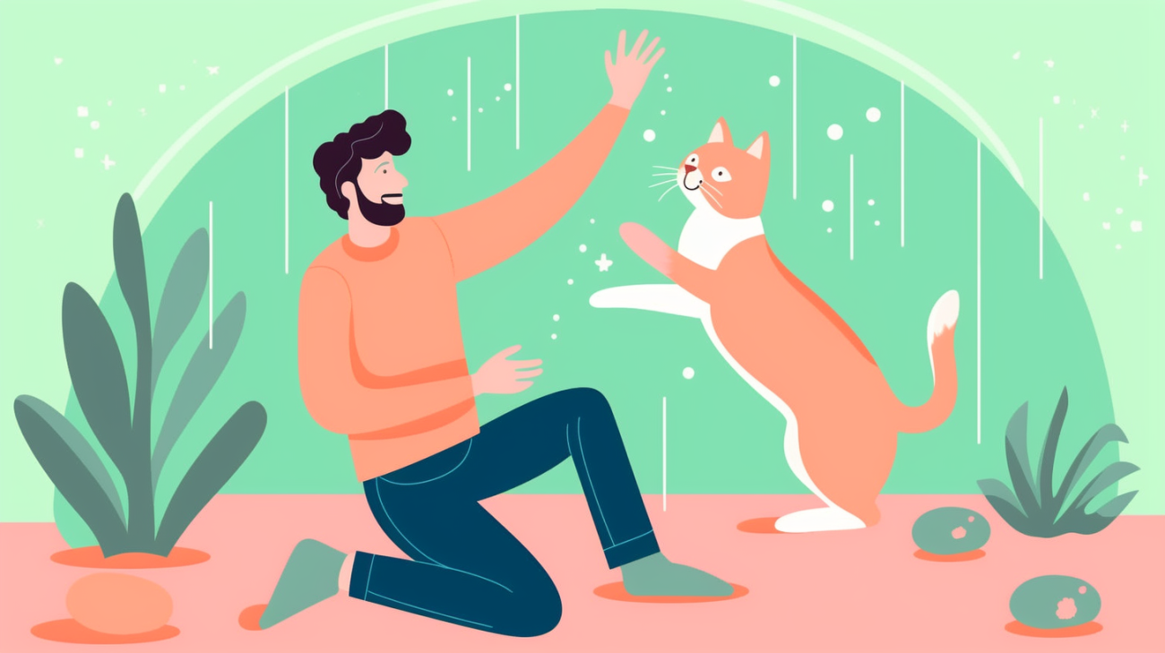 Afbeelding van een vrolijke hereniging tussen een kitten en zijn baasje
