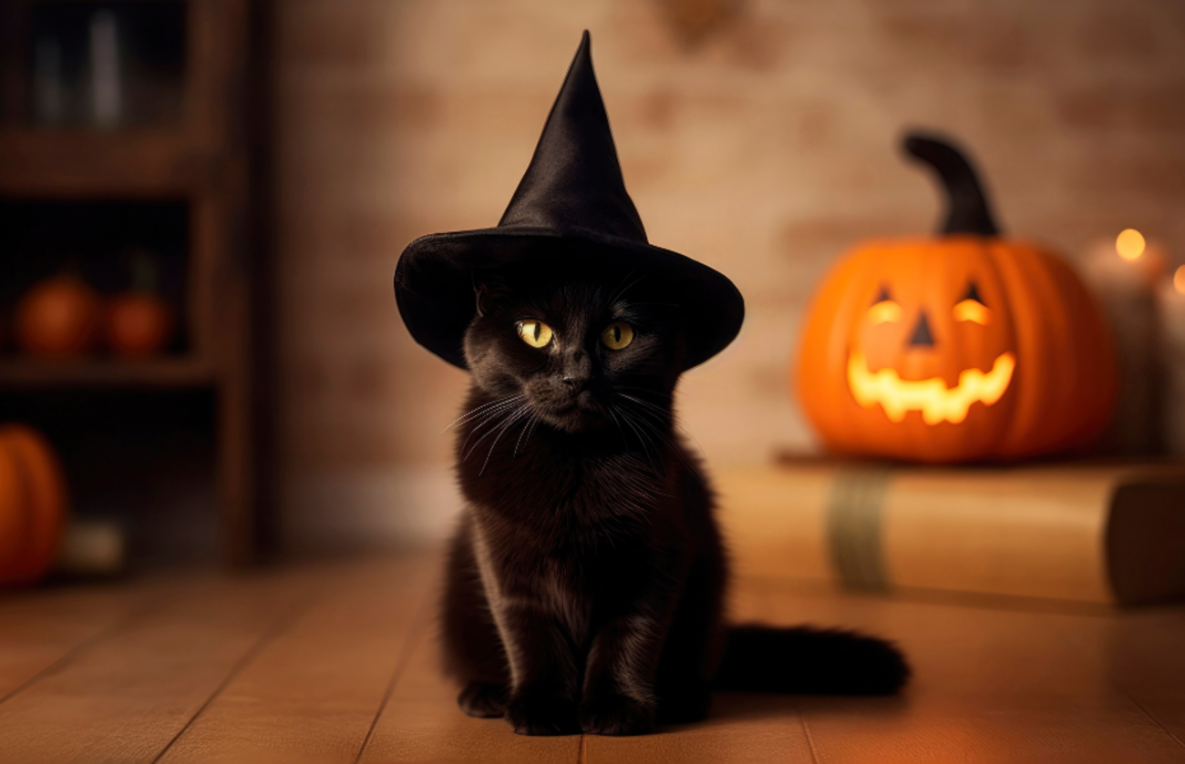 Un chat noir avec un chapeau de sorcière assis à côté d'une citrouille-lanterne dans une pièce confortable décorée pour Halloween