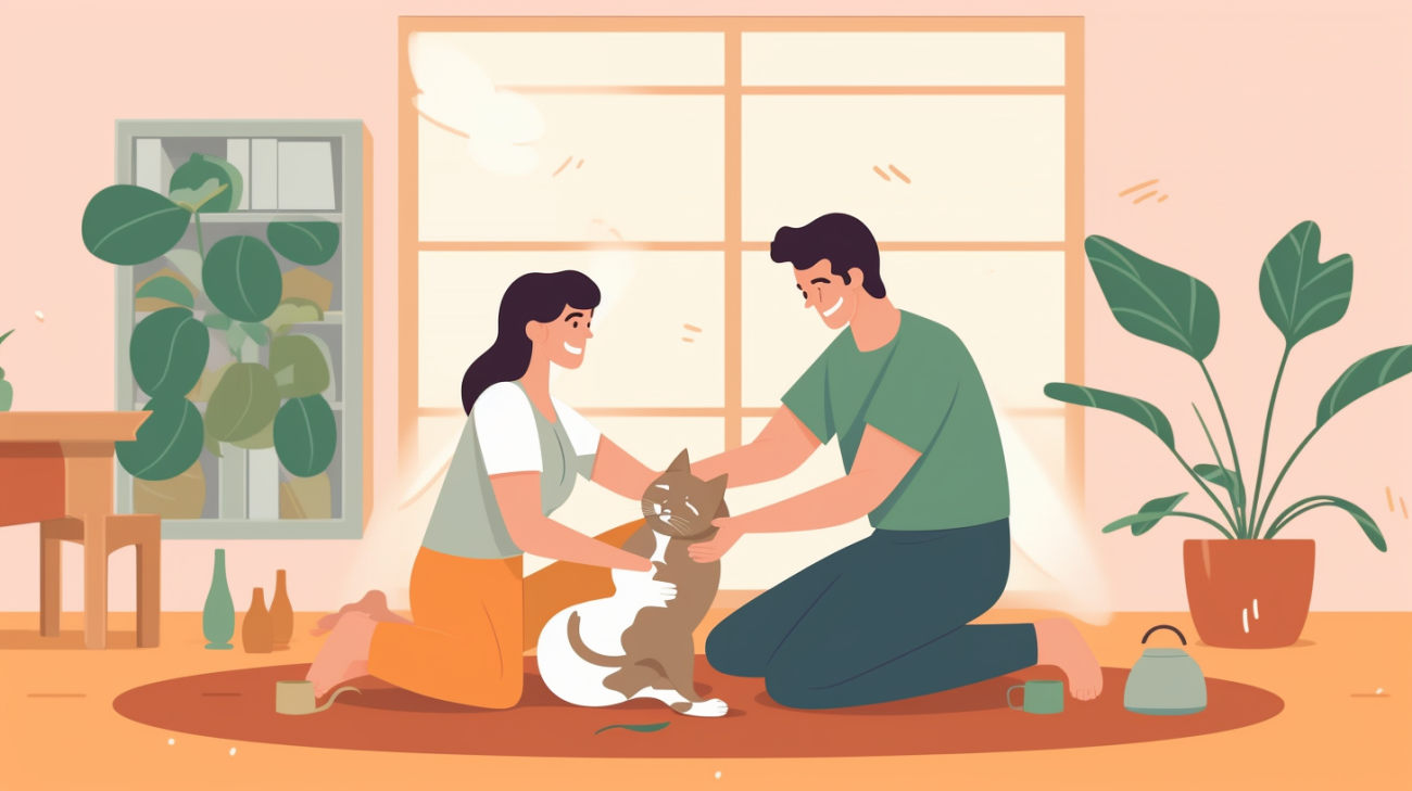 Two cat owners cuddling their cat