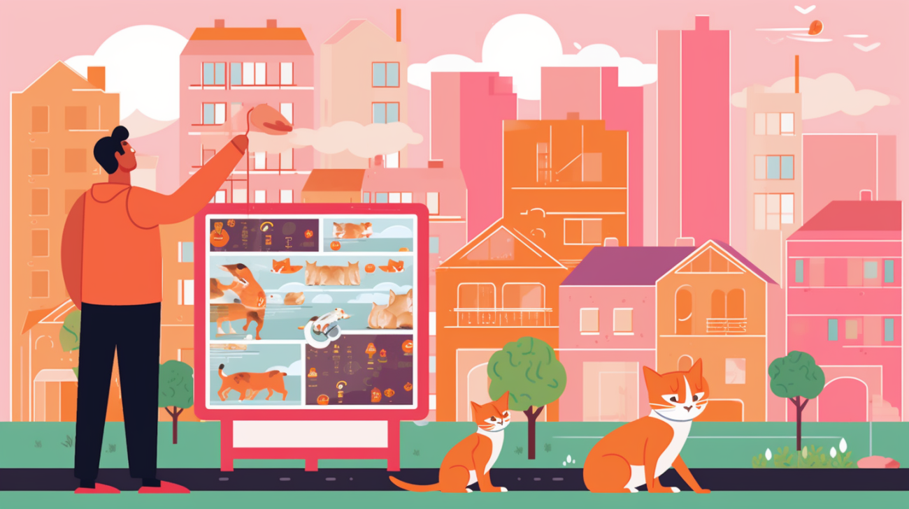 Een katteneigenaar die flyers ophangt op een buurt prikbord