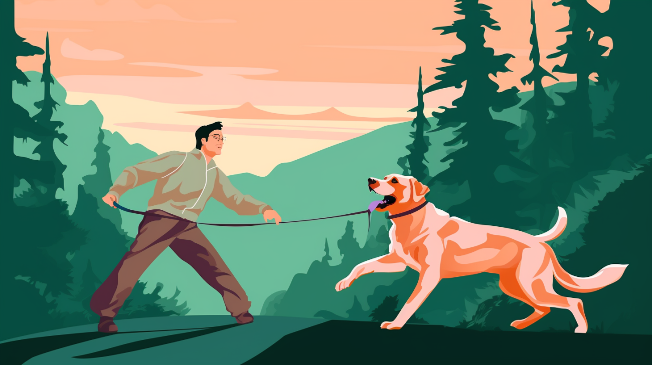 Un dueño luchando por entrenar a su perro para que se quede
