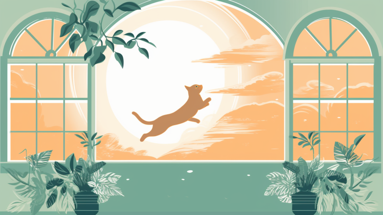 Eine Katze springt in der Nähe eines Fensters