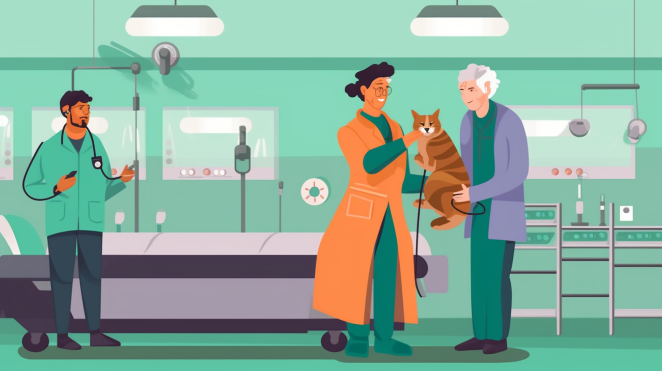 Dueño y su gato en el veterinario poniendo el microchip a su gato
