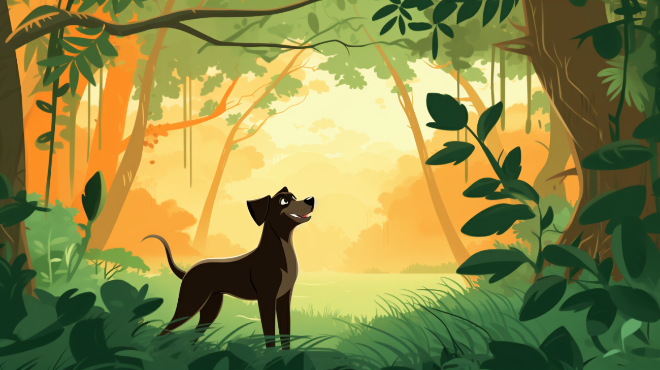 Een opgewekte verdwaalde hond in het bos