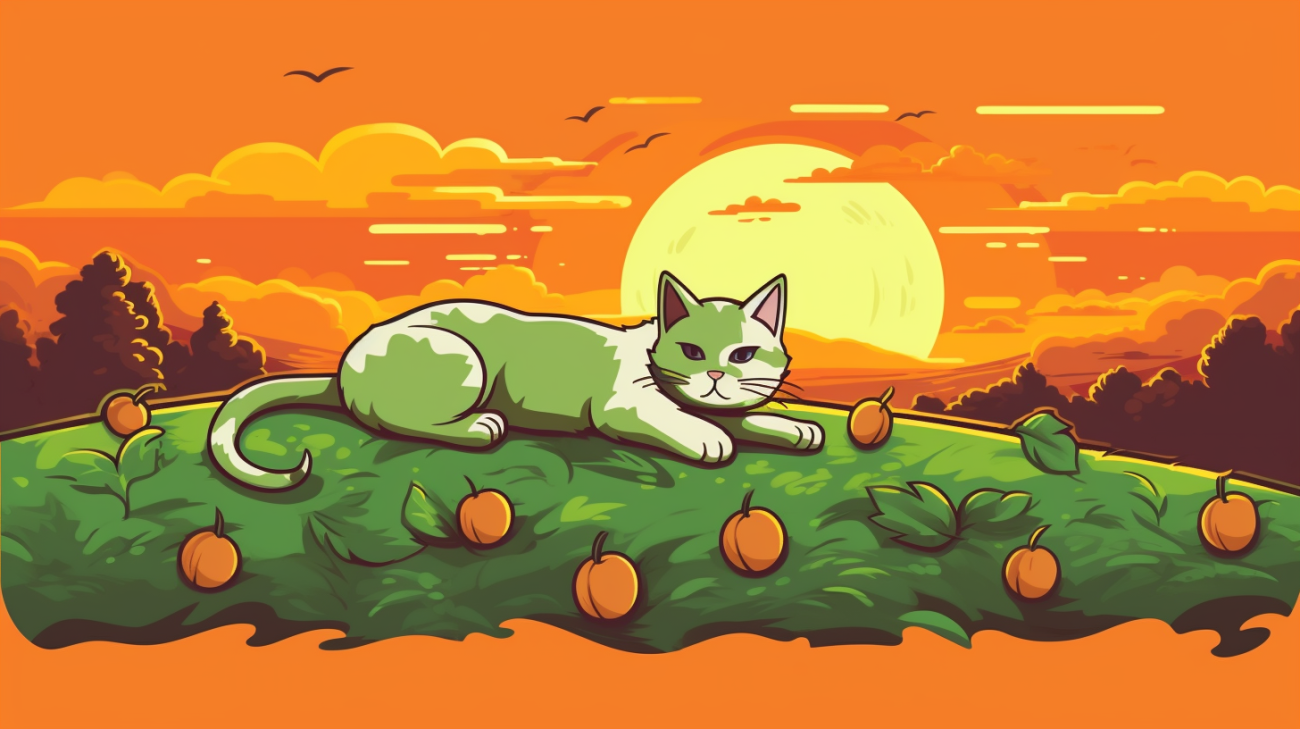 Bild einer Katze, die während der Herbstsaison auf einer Wiese sitzt, mit zusätzlichen Schlüsselwörtern im Alt-Text