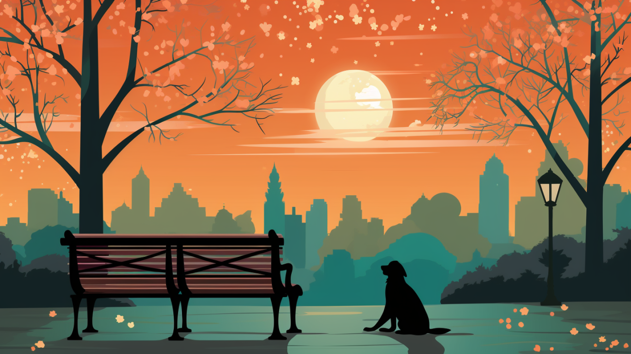 Een verloren hond zit alleen in een park tijdens zonsondergang