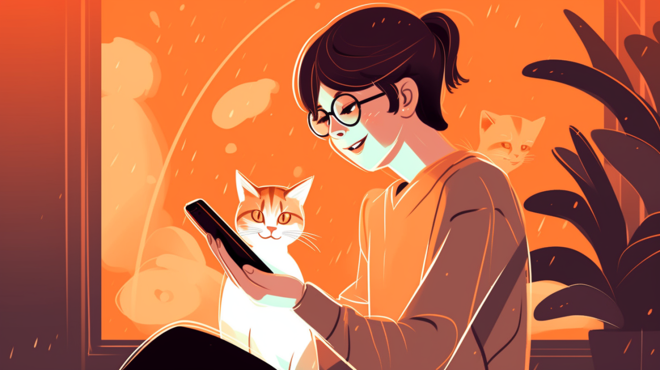 Ein Katzenhalter am Handy neben seiner Katze