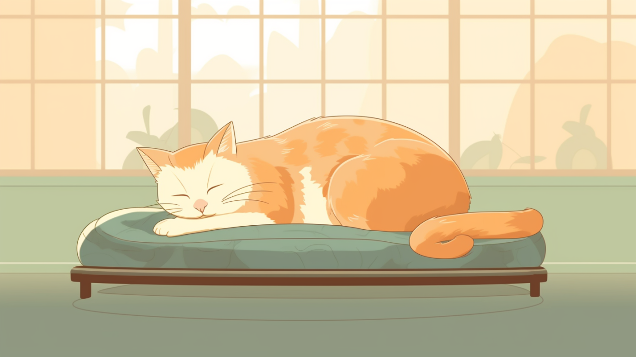 Een oudere kat rust op een zacht bed
